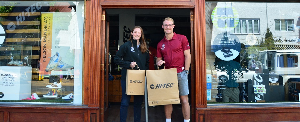Maties 7s Rugby players Elme Kruger and Frederick van Zyl with their Hi-Tec merchandise